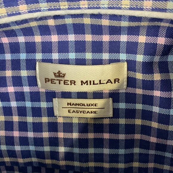 Peter Millar Mens Shirt Large Blue Check Button Up Long Sleeve Nanoluxe Pink - Picture 4 of 8